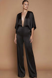 Black Deep V-Neck Satin Long Formal Jumpsuits with Sleeves