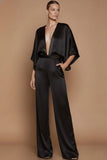 Black Deep V-Neck Satin Long Formal Jumpsuits with Sleeves
