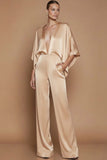Black Deep V-Neck Satin Long Formal Jumpsuits with Sleeves