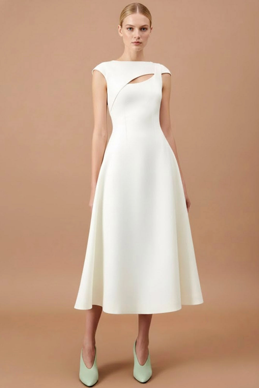 Leely Women White Midi Cocktail Dress with Keyhole A Line Bateau Neck
