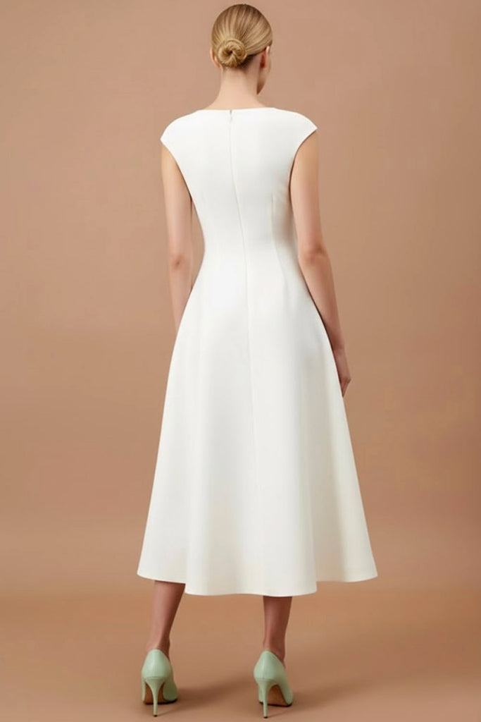 Leely Women White Midi Cocktail Dress with Keyhole A Line Bateau Neck