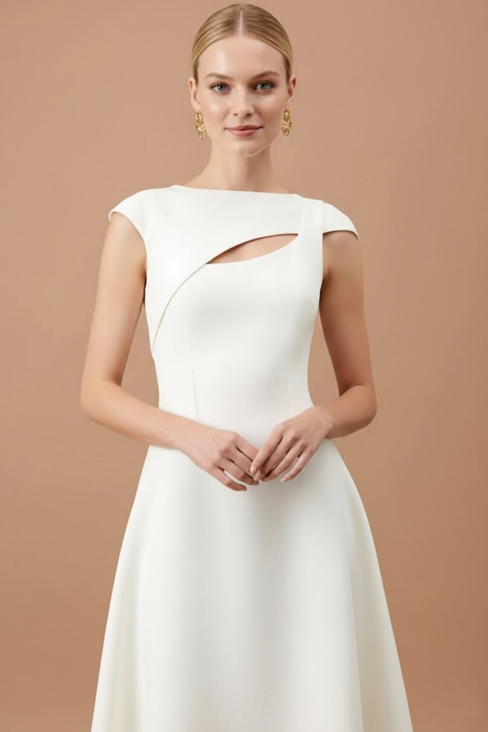 Leely Women White Midi Cocktail Dress with Keyhole A Line Bateau Neck
