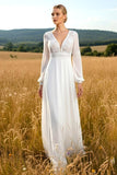 White A Line Chiffon Long Sleeves Wedding Dress with Lace