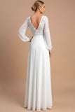 White A Line Chiffon Long Sleeves Wedding Dress with Lace