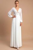 White A Line Chiffon Long Sleeves Wedding Dress with Lace
