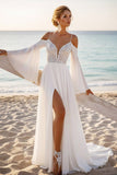 White A Line Cold Shoulder Sweep Train Boho Wedding Dress with Sleeves