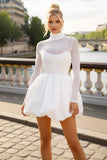 White A Line High Neck Short Wedding Dress with Sleeves