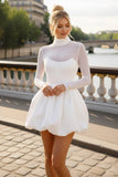 White A Line High Neck Short Wedding Dress with Sleeves
