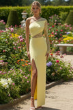 Light Yellow One Shoulder Sheath Long Formal Dress with Lace