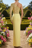 Light Yellow One Shoulder Sheath Long Formal Dress with Lace