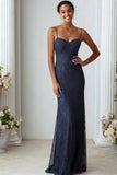 Navy Lace Spaghetti Straps Long Wedding Guest Dress