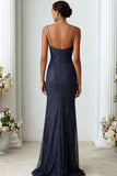 Navy Lace Spaghetti Straps Long Wedding Guest Dress