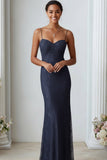 Navy Lace Spaghetti Straps Long Wedding Guest Dress