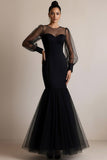 Black Illusion Neck Long Tulle Mermaid Formal Dress with Sleeves