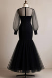 Black Illusion Neck Long Tulle Mermaid Formal Dress with Sleeves