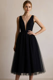 Black A Line Tulle Deep V-Neck Midi Cocktail Dress