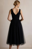 Black A Line Tulle Deep V-Neck Midi Cocktail Dress