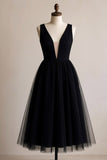 Black A Line Tulle Deep V-Neck Midi Cocktail Dress