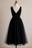 Black A Line Tulle Deep V-Neck Midi Cocktail Dress