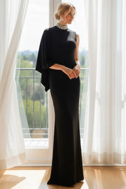 Black High Neck Beaded Long Formal Dress with Side Cape