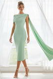 Mint Green Asymmetrical Neck Midi Bodycon Wedding Guest Dress with Side Cape