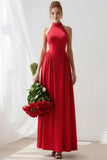 Red A Line Crew Neck Long Bridesmaid Dress