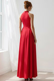 Red A Line Crew Neck Long Bridesmaid Dress