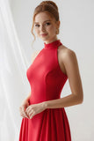 Red A Line Crew Neck Long Bridesmaid Dress