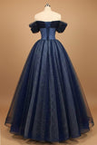 Sparkly Blue Tulle Off the Shoulder Long Prom Dress with Beading