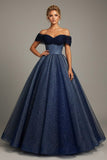 Sparkly Blue Tulle Off the Shoulder Long Prom Dress with Beading
