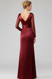 Burgundy V-Neck Sheath Satin Ruched Long Formal Dress with Slit