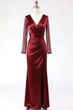 Burgundy V-Neck Sheath Satin Ruched Long Formal Dress with Slit
