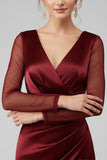 Burgundy V-Neck Sheath Satin Ruched Long Formal Dress with Slit