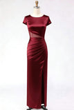 Burgundy Round Neck Mermaid Satin Long Mother of the Brides Dress with Slit