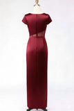 Burgundy Round Neck Mermaid Satin Long Mother of the Brides Dress with Slit