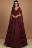 Burgundy V-Neck A Line Satin Long Formal Dress with Side Cape