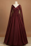 Burgundy V-Neck A Line Satin Long Formal Dress with Side Cape