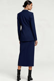 2 Piece Navy Double Breasted Midi Pencil Business Suits with Sleeves
