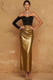 Golden Black Ruched Metallic Long Formal Dress
