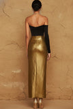 Golden Black Ruched Metallic Long Formal Dress