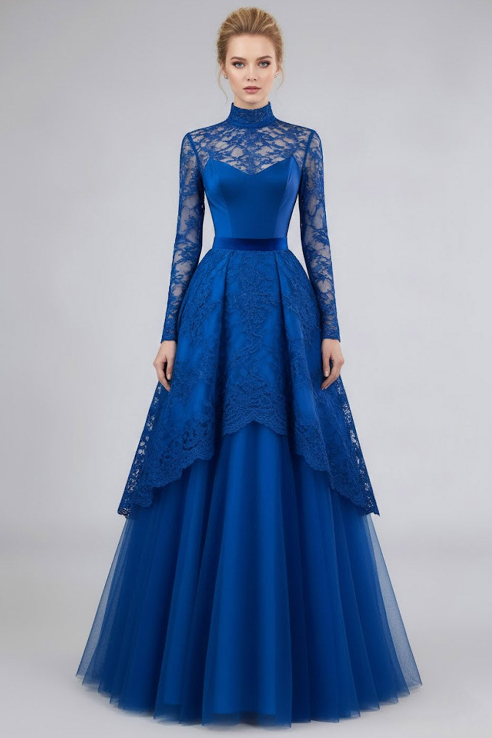 Leely Women Blue High Neck Long Evening Dress with Lace Tulle A Line