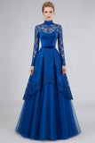 Blue High Neck A Line Tulle Long Evening Dress with Lace