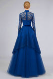 Blue High Neck A Line Tulle Long Evening Dress with Lace