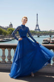 Blue High Neck A Line Tulle Long Evening Dress with Lace