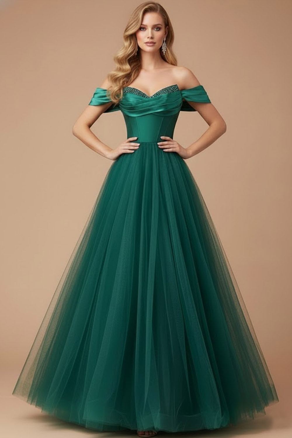 Leely Women Emerald Green Tulle Corset Ruched Long Prom Dress Ball Gown