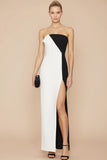 White and Black Strapless Sheath Long Formal Dress with Slit