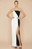 White and Black Strapless Sheath Long Formal Dress with Slit