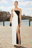 White and Black Strapless Sheath Long Formal Dress with Slit