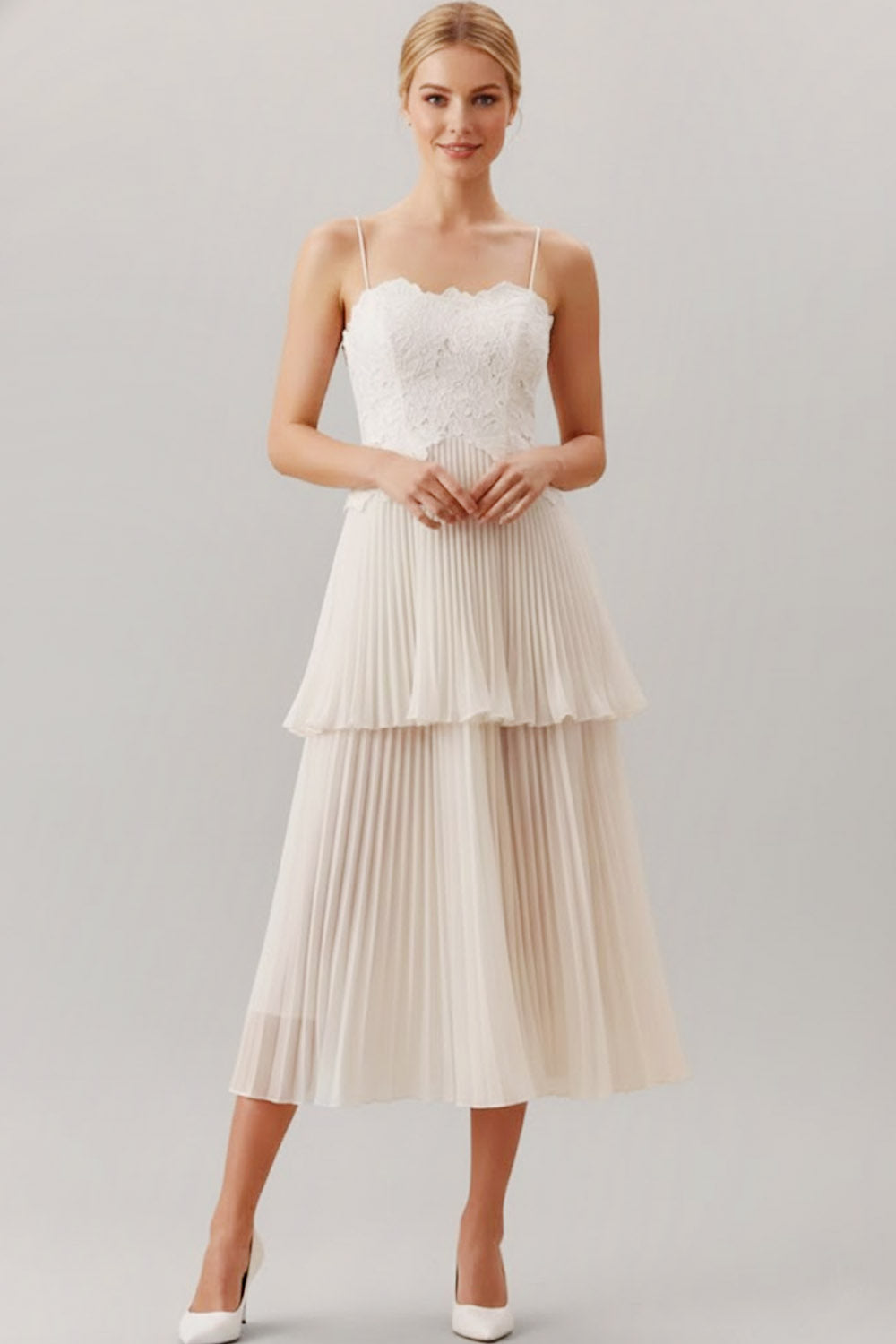 Leely Women White A Line Midi Bridal Dress Spaghetti Straps Backless