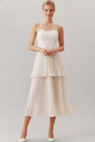 White A Line Spaghetti Straps Pleated Backless Midi Bridal Dress